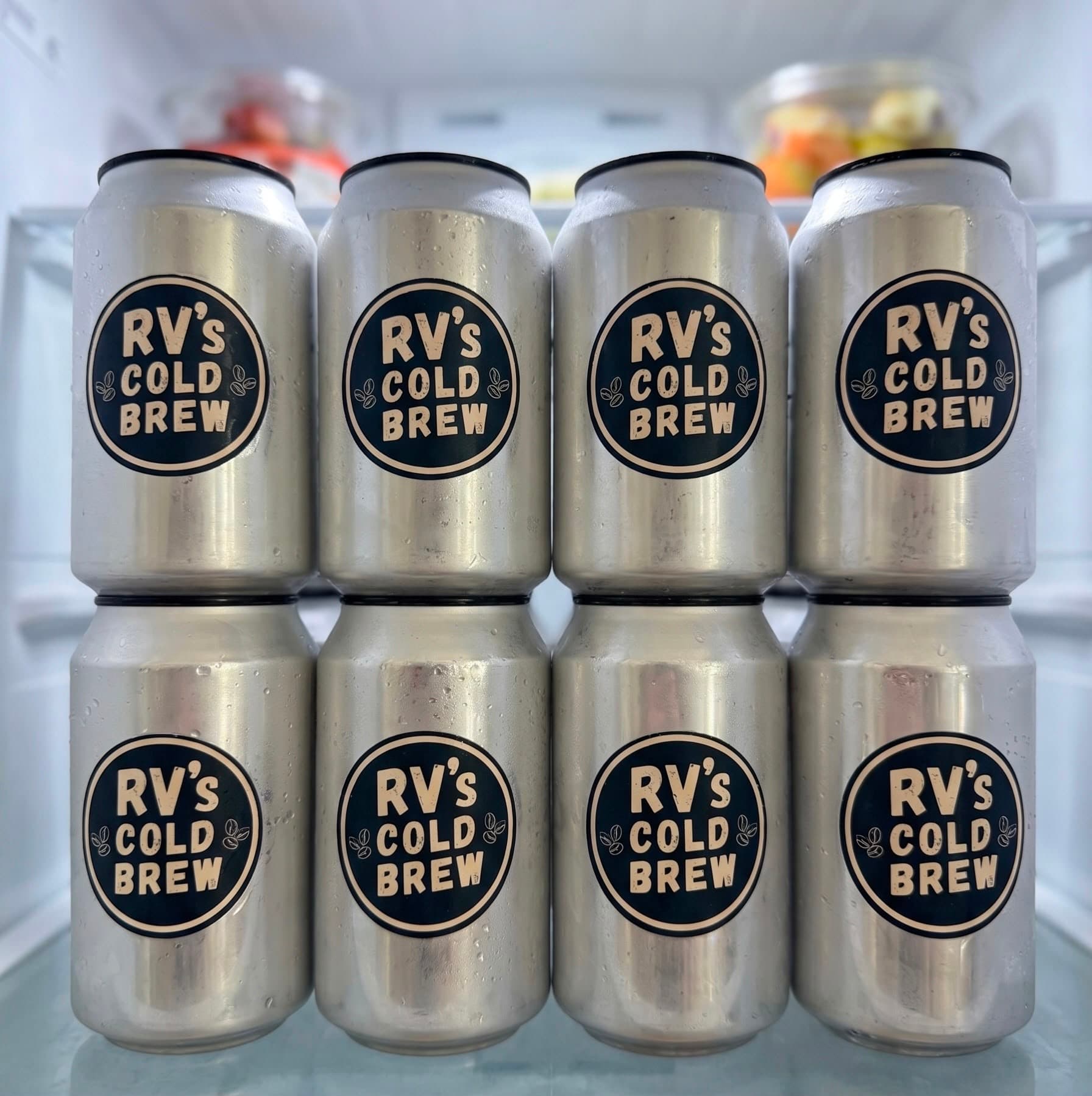 Cans of RV's Cold Brew in the fridge